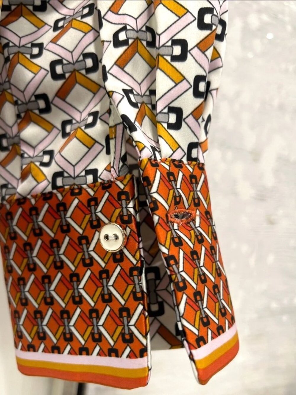 Casual Women's Geometric Button-Down Blouse Shirt - Brown/White/Orange - Picture 4 of 8